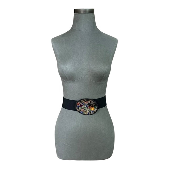 OMEGA Womens Black Wide Elastic Stretch Belt Beaded Oval Buckle M/L Excellent - Picture 4 of 7